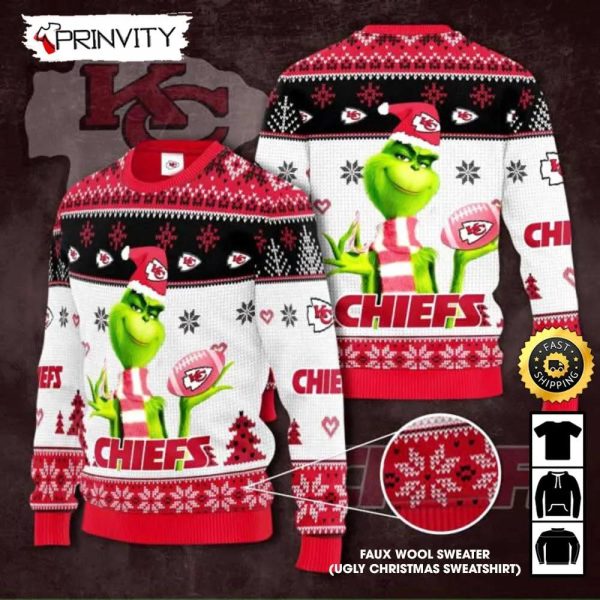 Kansas City Chiefs Grinch Knit Faux Wool Sweater (Ugly Christmas Sweater), NFL Football Lover Gifts For Fans, National Football League, Merry Christmas – Prinvity