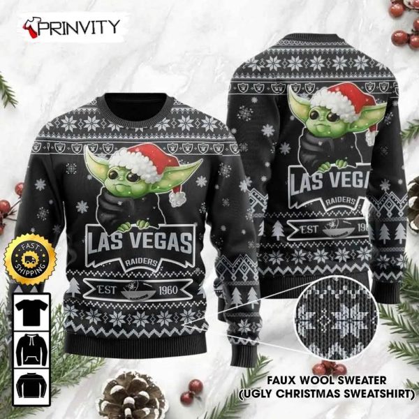Las Vegas Raiders Est 1960 Baby Yoda Ugly Christmas Sweater, Faux Wool Sweater, National Football League, Gifts For Fans Football NFL, Football 3D Ugly Sweater – Prinvity