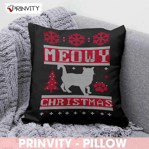 Meowy Christmas Pillow, Best Christmas Gifts For 2022, Merry Christmas, Happy Holidays, Size 14”x14”, 16”x16”, 18”x18”, 20”x20′ – Prinvity