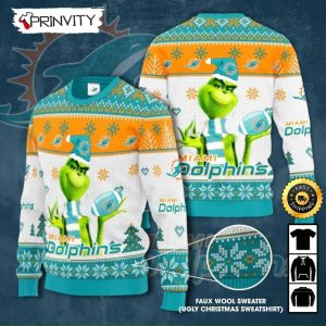 Miami Dolphins Grinch Knit Faux Wool Sweater (Ugly Christmas Sweater), NFL Football Lover Gifts For Fans, National Football League, Merry Christmas - Prinvity