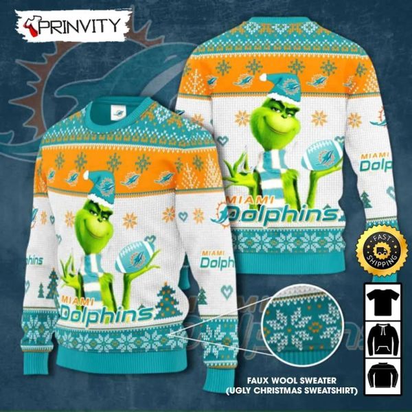 Miami Dolphins Grinch Knit Faux Wool Sweater (Ugly Christmas Sweater), NFL Football Lover Gifts For Fans, National Football League, Merry Christmas – Prinvity
