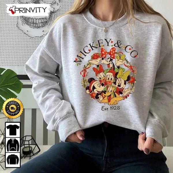Mickey & Co Est 1928 Christmas Disney Friends Smile Sweatshirt, Best Christmas Gifts For Disney Lovers, Merry Disney Christmas, Unisex Hoodie, T-Shirt, Long Sleeve – Prinvity