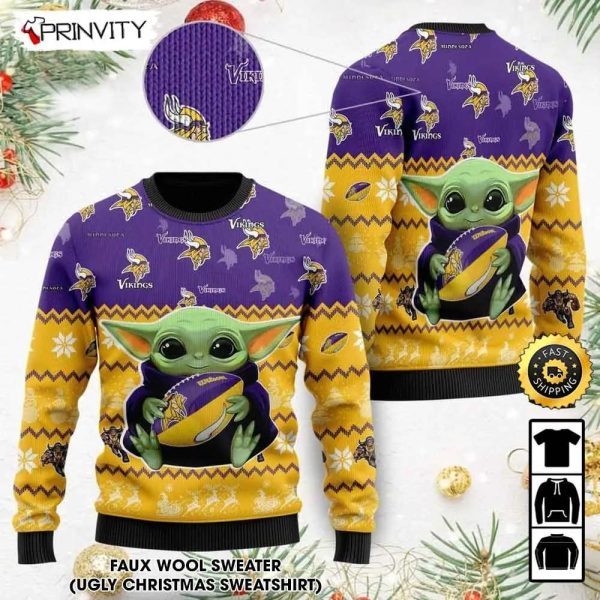 Minnesota Vikings Baby Yoda Ugly Christmas Sweater, Faux Wool Sweater, National Football League, Gifts For Fans Football NFL, Football 3D Ugly Sweater – Prinvity