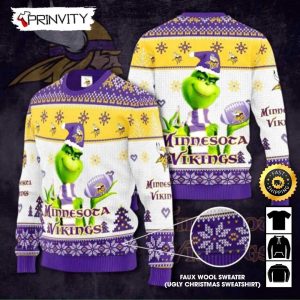 Minnesota Vikings Grinch Knit Faux Wool Sweater (Ugly Christmas Sweater), NFL Football Lover Gifts For Fans, National Football League, Merry Christmas - Prinvity