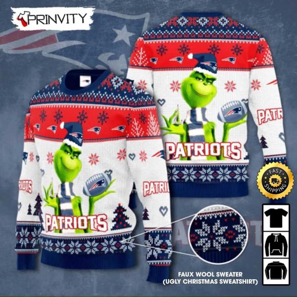 New England Patriots Grinch Knit Faux Wool Sweater (Ugly Christmas Sweater), NFL Football Lover Gifts For Fans, National Football League, Merry Christmas – Prinvity