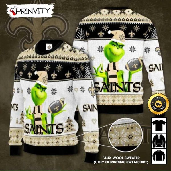 New Orleans Saints Grinch Knit Faux Wool Sweater (Ugly Christmas Sweater), NFL Football Lover Gifts For Fans, National Football League, Merry Christmas – Prinvity