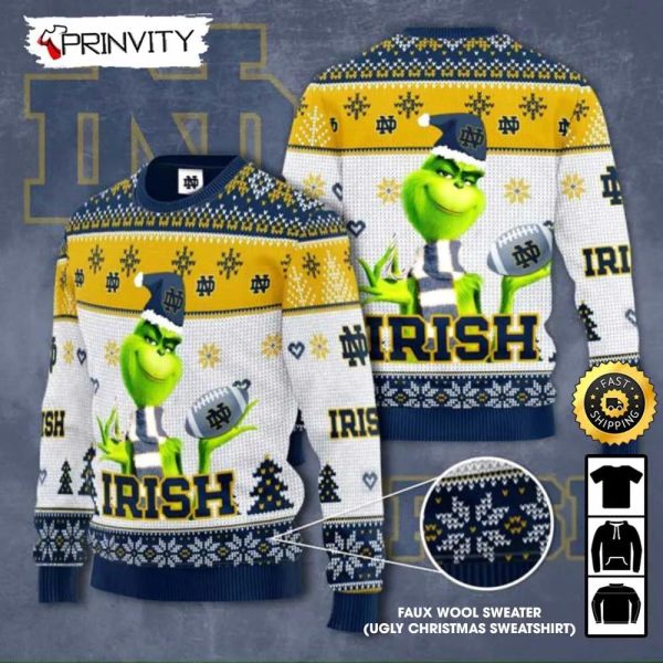 Notre Dame Fighting Irish Grinch Knit Faux Wool Sweater (Ugly Christmas Sweater), NCAA Football Lover Gifts For Fans, Merry Christmas – Prinvity