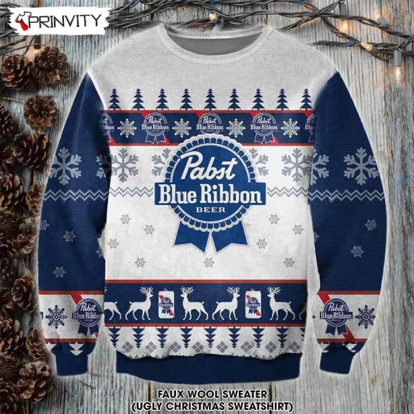 Pabst Blue Ribbon Beer Christmas Ugly Sweater, Faux Wool Sweater, Gifts For Beer Lovers, International Beer Day, Best Christmas Gifts For 2022 – Prinvity