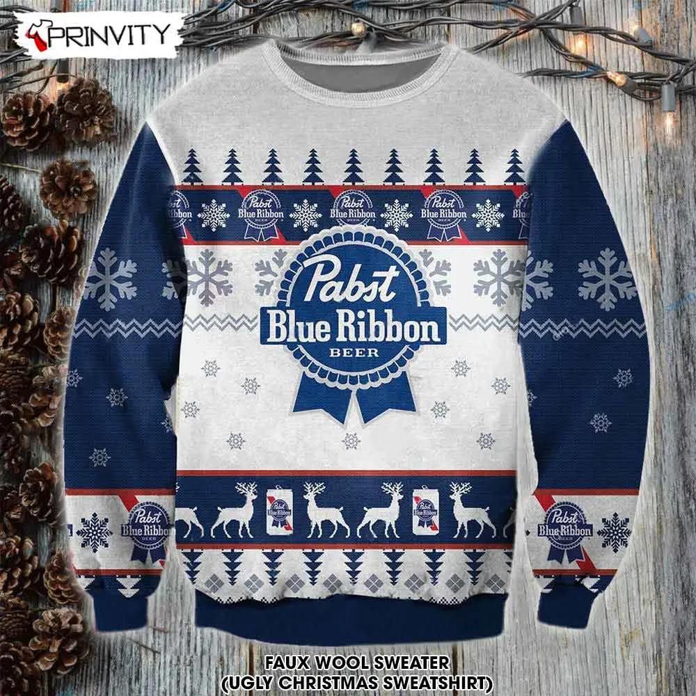 Pabst Blue Ribbon Beer Christmas Ugly Sweater, Faux Wool Sweater, Gifts For Beer Lovers, International Beer Day, Best Christmas Gifts For 2022 - Prinvity