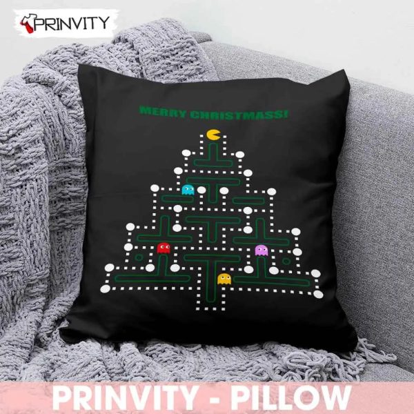 Pacman Merry Christmas Tree Best Christmas Gifts For Pillow, Happy Holidays, Size 14”x14”, 16”x16”, 18”x18”, 20”x20”  – Prinvity