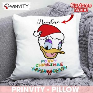 Personalized Daisy Duck Merry Christmas Pillow, Custom Name, Best Christmas Gifts 2022, Happy Holidays, Size 14”x14”, 16”x16”, 18”x18”, 20”x20” - Prinvity