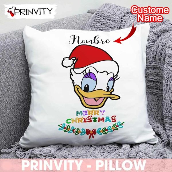 Personalized Daisy Duck Merry Christmas Pillow, Custom Name, Best Christmas Gifts 2022, Happy Holidays, Size 14”x14”, 16”x16”, 18”x18”, 20”x20” – Prinvity
