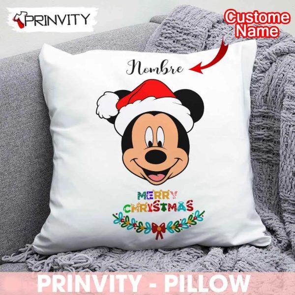 Personalized Mickey Mouse Merry Christmas Pillow, Custom Name, Best Christmas Gifts 2022, Happy Holidays, Size 14”x14”, 16”x16”, 18”x18”, 20”x20” – Prinvity