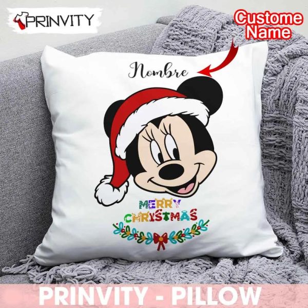 Personalized Minnie Mouse Merry Christmas Pillow, Custom Name, Best Christmas Gifts 2022, Happy Holidays, Size 14”x14”, 16”x16”, 18”x18”, 20”x20” – Prinvity