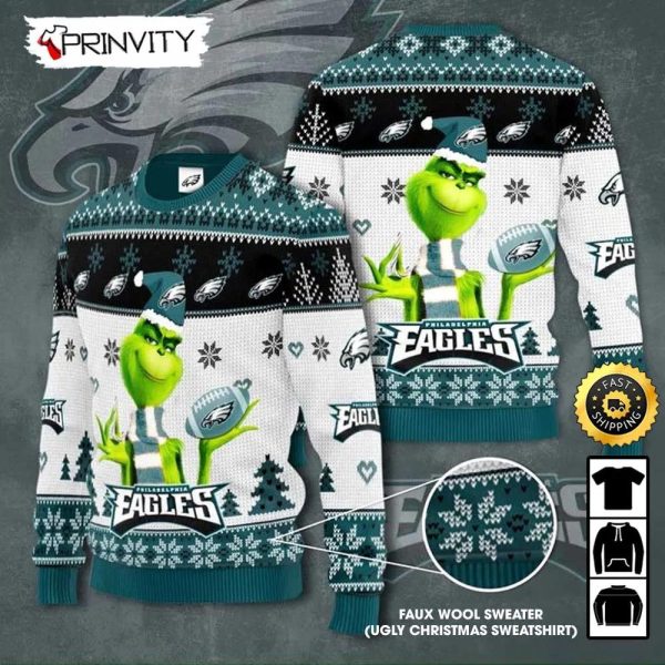 Philadelphia Eagles Grinch Knit Faux Wool Sweater (Ugly Christmas Sweater), NFL Football Lover Gifts For Fans, National Football League, Merry Christmas – Prinvity
