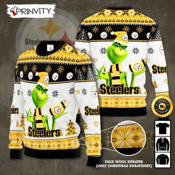 Pittsburgh Steelers Grinch Knit Faux Wool Sweater (Ugly Christmas Sweater), NFL Football Lover Gifts For Fans, National Football League, Merry Christmas – Prinvity