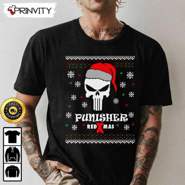 Punisher Red Xmas Best Christmas Gift For Sweatshirt, Merry Christmas, Happy Holidays, Unisex Hoodie, T-Shirt, Long Sleeve – Prinvity