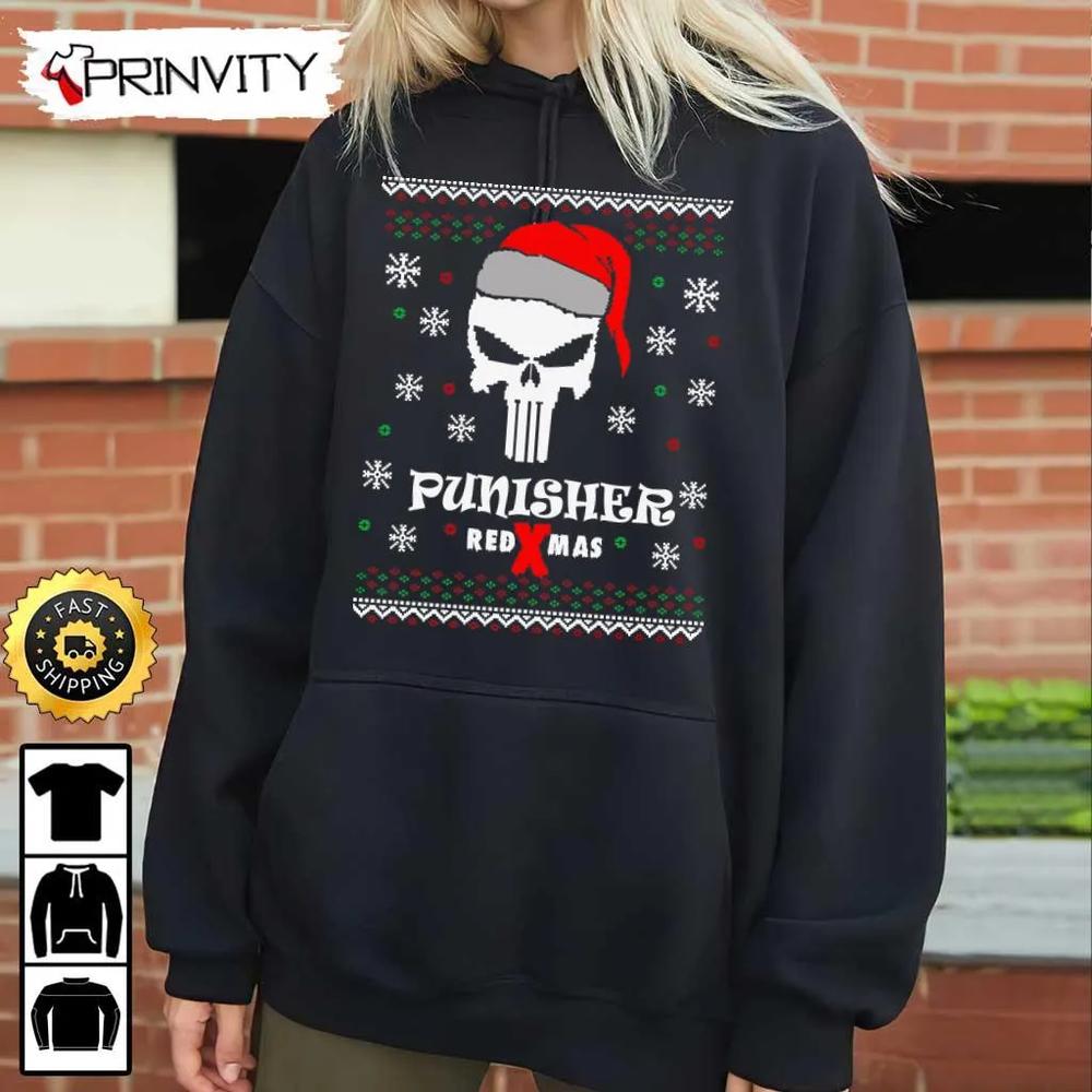 Punisher Red Xmas Best Christmas Gift For Sweatshirt, Merry Christmas, Happy Holidays, Unisex Hoodie, T-Shirt, Long Sleeve - Prinvity
