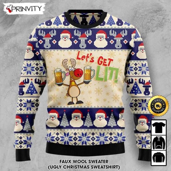 Reindeer Let’s Get Lit Beer Ugly Christmas Sweater, Faux Wool Sweater, International Beer Day, Gifts For Beer Lovers, Best Christmas Gifts For 2022, Santa Claus