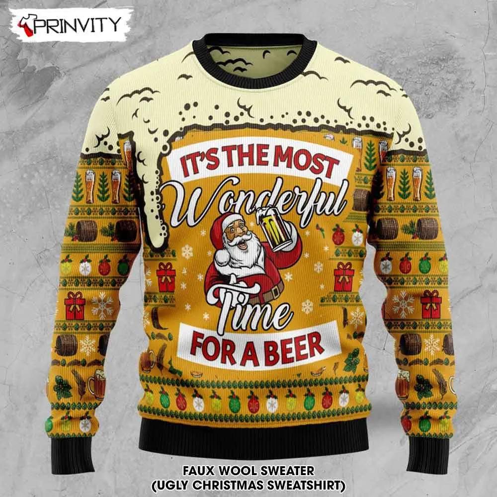 Santa Claus Wonderful Time For A Beer Ugly Christmas Sweater, Faux Wool Sweater, International Beer Day, Gifts For Beer Lovers, Best Christmas Gifts For 2022