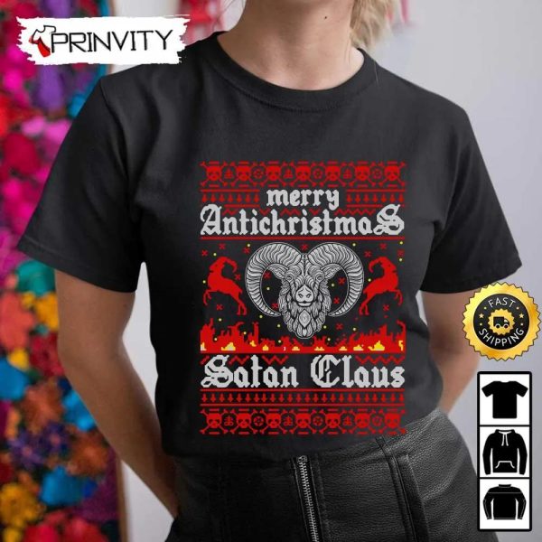 Satan Claus Merry AntiChristmas T-Shirt, Best Christmas Gifts 2022, Happy Holidays, Unisex Hoodie, Sweatshirt, Long Sleeve – Prinvity