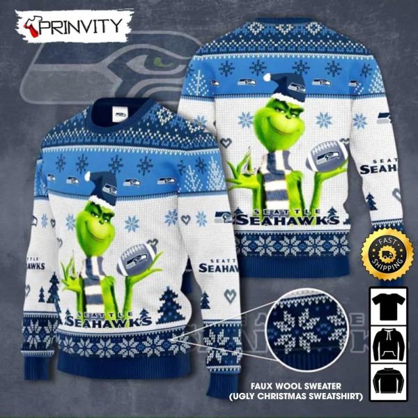 Seattle Seahawks Grinch Knit Faux Wool Sweater (Ugly Christmas Sweater), NFL Football Lover Gifts For Fans, National Football League, Merry Christmas – Prinvity
