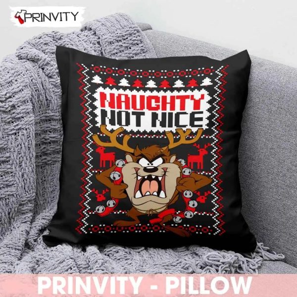 Taz Naughty Not Nice Mery Christmas Pillow, Looney Tunes, Merrie Melodies, Best Christmas Gifts 2022, Happy Holidays, Size 14”x14”, 16”x16”, 18”x18”, 20”x20” – Prinvity