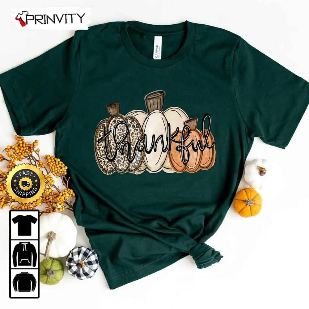 Thankful Leopard Pumpkin T-Shirt, Best Thanksgiving Gifts 2022, Thanksgiving Family Matching Gift, Autumn Happy Thankful, Unisex Hoodie, Sweatshirt, Long Sleeve - Prinvity