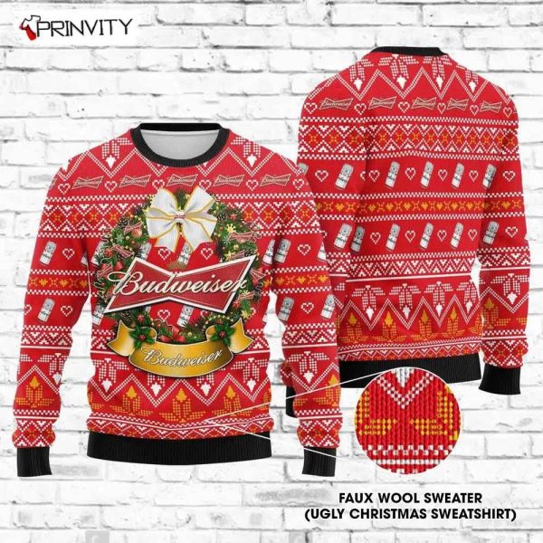 Wreath Budweiser Beer Ugly Christmas Sweater, Faux Wool Sweater, Gifts For Beer Lovers, International Beer Day, Best Christmas Gifts For 2022 – Prinvity