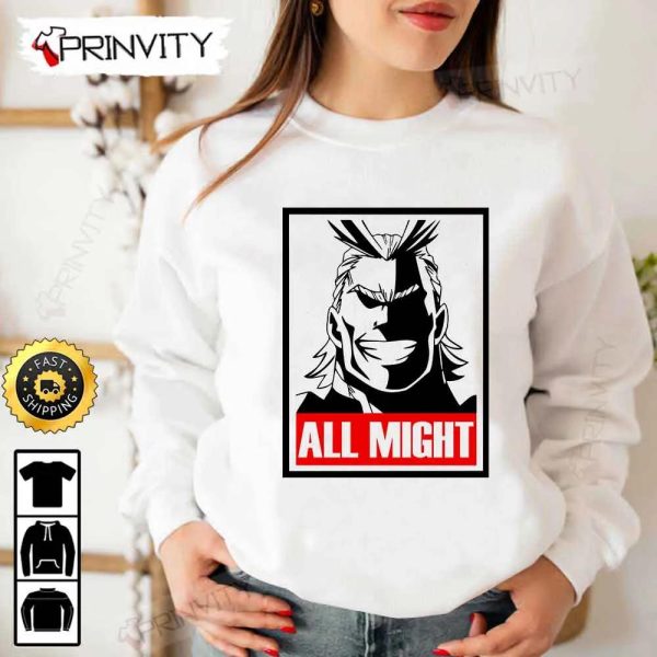 All Might My Hero Academia Manga T-Shirt, Hero Academia Anime Manga Series, Deku, Bakugou, Uraraka, Unisex Hoodie, Sweatshirt, Long Sleeve – Prinvity