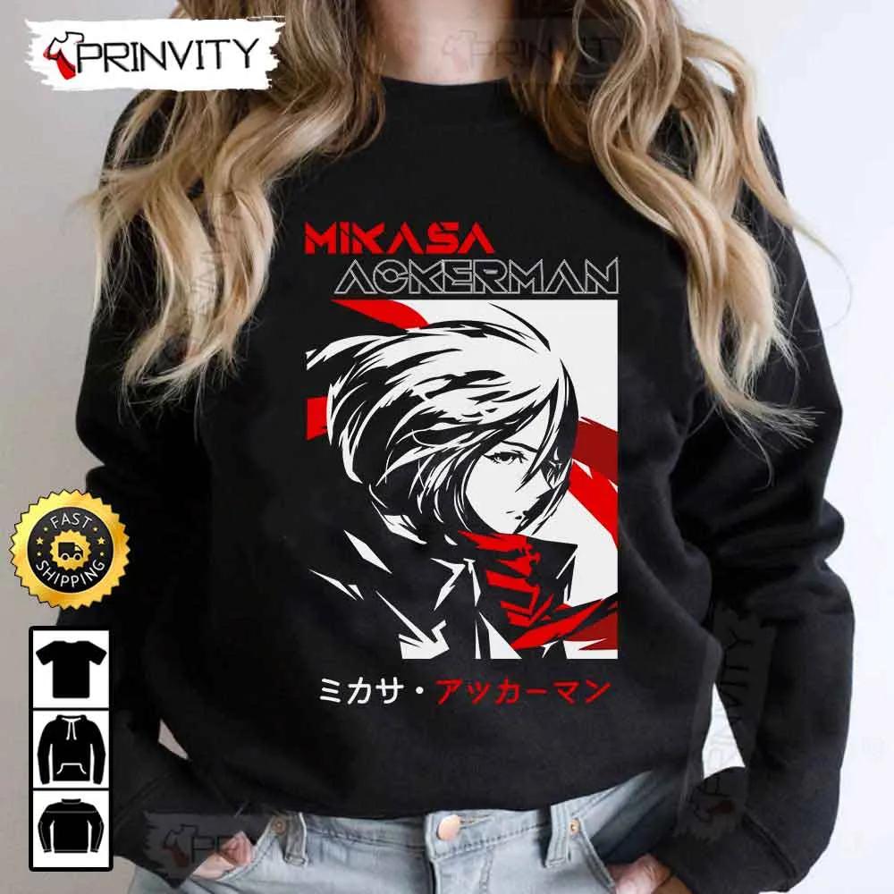 Attack On Titan Manga Mikasa Ackerman T-Shirt, Anime Japanese Manga Series, Eren Yeager, Levi Ackerman, Unisex Hoodie, Sweatshirt, Long Sleeve - Prinvity