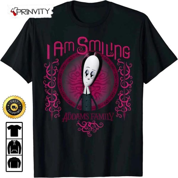 I Am Smiling Addams Family Wednesday Addams Portrait T-Shirt, Unisex Hoodie, Sweatshirt, Long Sleeve, Tank Top – Prinvity