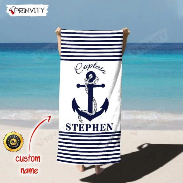 Personalized Captain Beach Towel, Size 30″x60″-36″x72″, Custom Name Background And Font, Best Beach Towel For Quick Drying And Comfort – Prinvity