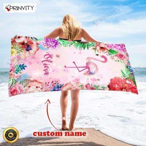 Personalized Flamingo Beach Towel, Size 30"x60"-36"x72", Custom Name Background And Font, Best Beach Towel For Quick Drying And Comfort - Prinvity
