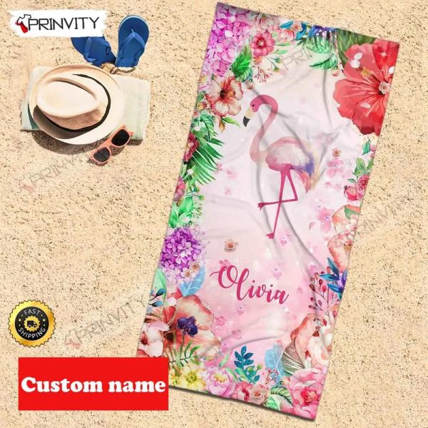Personalized Flamingo Beach Towel, Size 30″x60″-36″x72″, Custom Name Background And Font, Best Beach Towel For Quick Drying And Comfort – Prinvity