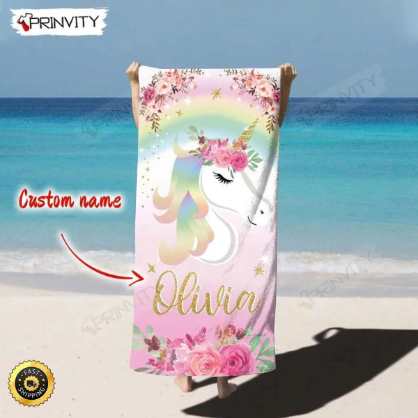 Personalized Unicorn Beach Towel, Size 30″x60″-36″x72″, Custom Name Background And Font, Best Beach Towel For Quick Drying And Comfort – Prinvity