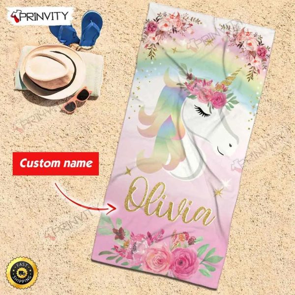 Personalized Unicorn Beach Towel, Size 30″x60″-36″x72″, Custom Name Background And Font, Best Beach Towel For Quick Drying And Comfort – Prinvity