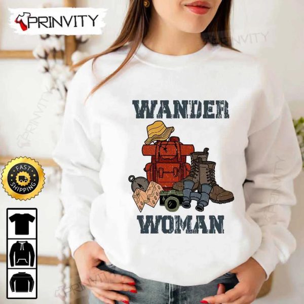 Wander Woman Camping T-Shirt, Rv Park, Campsite, Gifts For Camping Lover, Unisex Hoodie, Sweatshirt, Long Sleeve – Prinvity