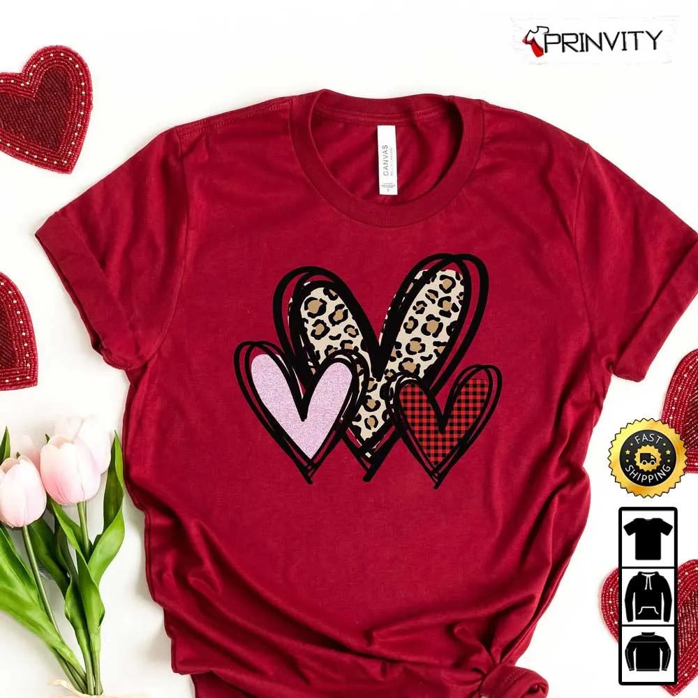 3 Doodle Leopard Heart Valentines Day T-Shirt, Valentines Gifts Ideas, Best Valentines Gifts For 2023, Unique Valentines Gifts, Unisex Hoodie, Sweatshirt, Long Sleeve - Prinvity
