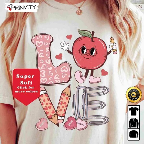Love Teacher Valentines T-Shirt, Teacher Valentines Gift, Candy Conversation Hearts Shirt, Leopard Print, Trendy Retro Valentines Day Outfit, Unisex Hoodie, Sweatshirt, Long Sleeve – Prinvity