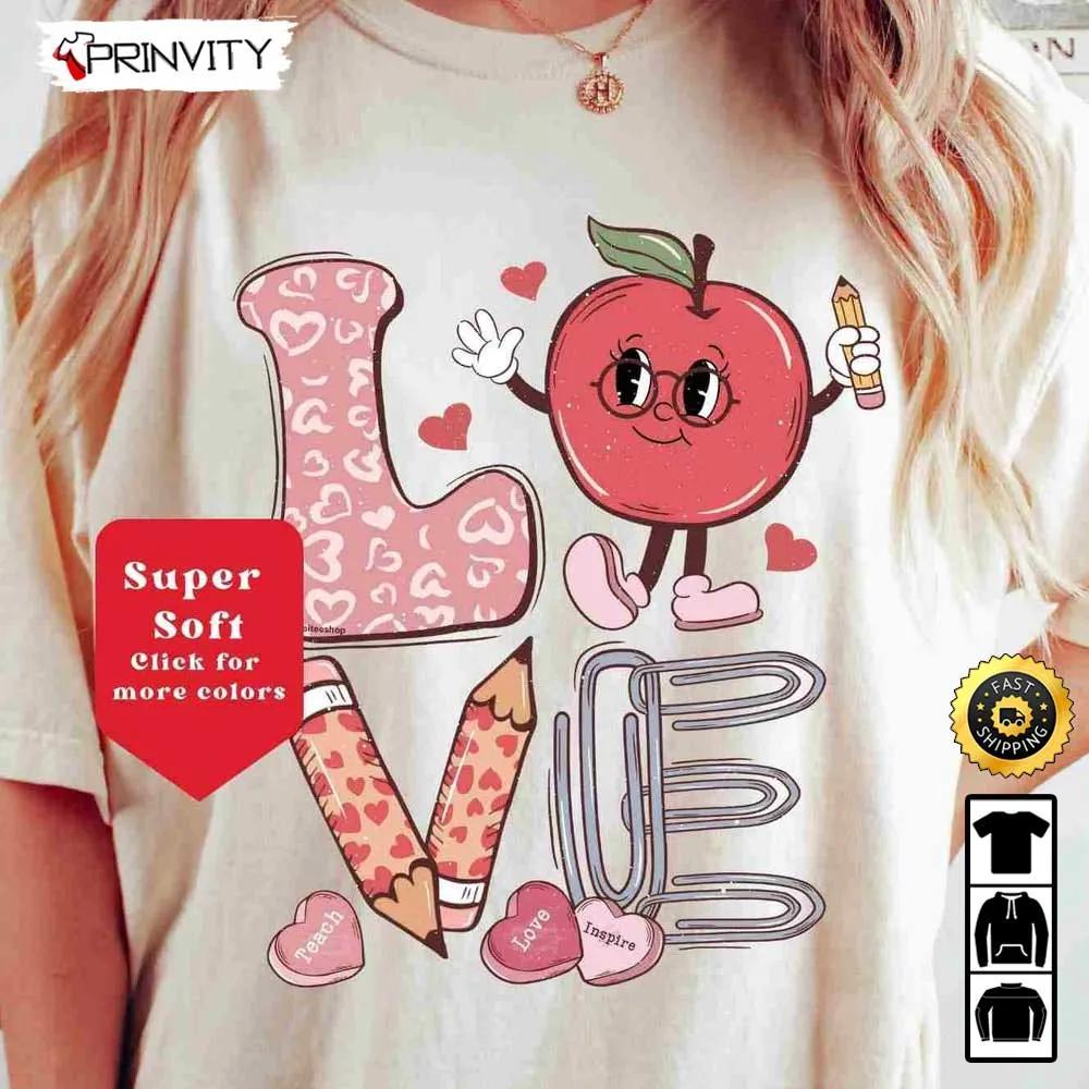 Love Teacher Valentines T-Shirt, Teacher Valentines Gift, Candy Conversation Hearts Shirt, Leopard Print, Trendy Retro Valentines Day Outfit, Unisex Hoodie, Sweatshirt, Long Sleeve - Prinvity