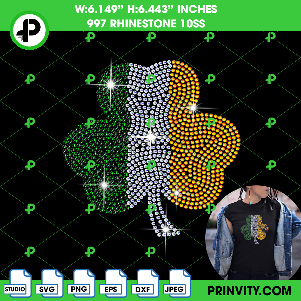Clover Ireland Flag St. Patrick’s Day Bling T-Shirt Rhinestone 10ss Template Digital, Saint Patrick’s Day, Irish, Download File SVG, PNG, EPS, DXF, Silhouette Studio – Prinvity