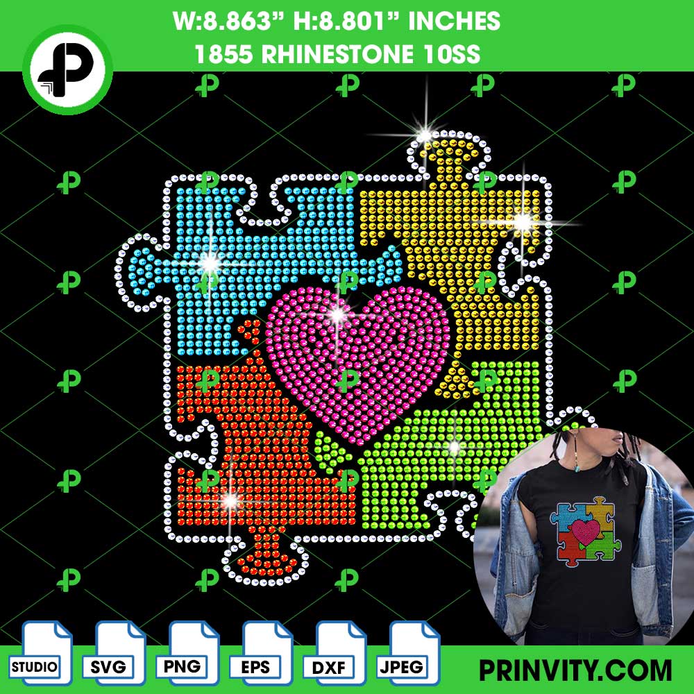 Heart Puzzle Autism Svg Rhinestone 10ss Template Digital, World Autism Awareness Day Svg Bling Tee, Download File SVG, PNG, EPS, DXF, Cricut Silhouette – Prinvity